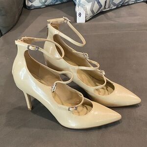 Marc Fisher Patent Leather Pointed-Toe Triple-Strap Pumps in Cream